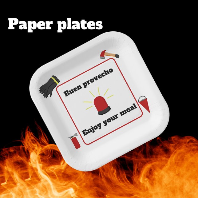 Firefighter Theme Bilingual Paper Teller für Junge (Paper plates Bilingual Text: Buen provecho, enjoy firefighters themed party Multilingual Project.)