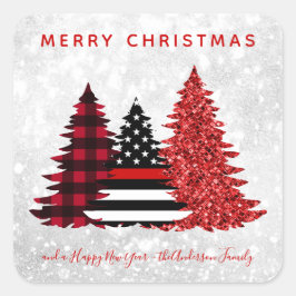 Firefighter Weihnachts-Rote Linie Karierter Glitze Quadratischer Aufkleber
