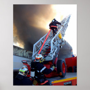 Firefighters Climbing Ladder Poster