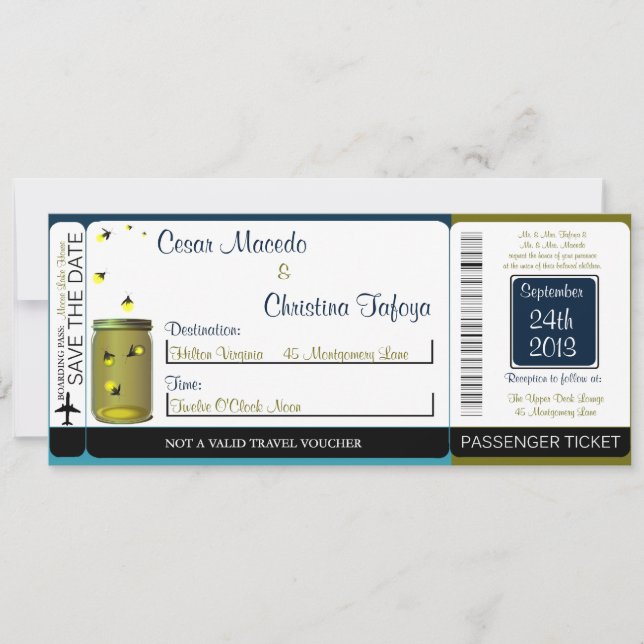 Fireflies/Mason Boarding Pass Einladung Hochzeit (Vorderseite)