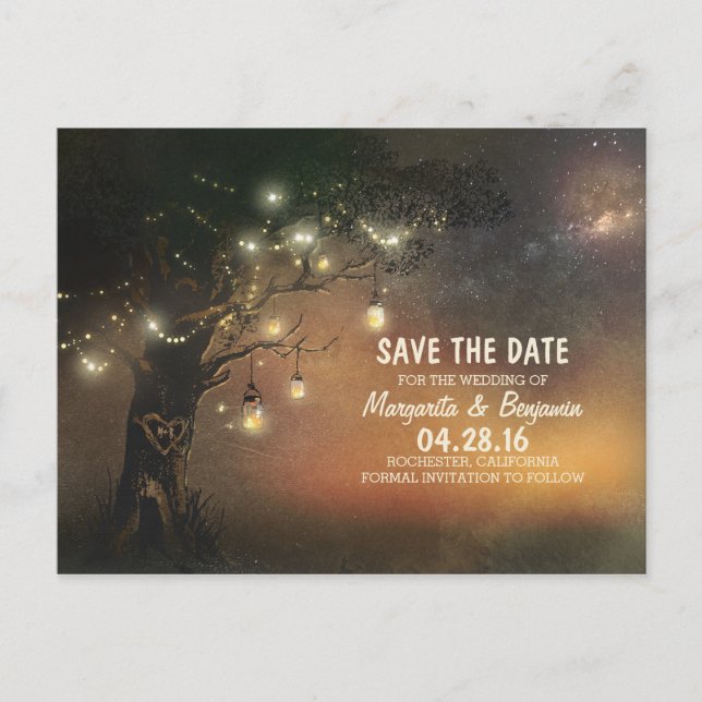 Fireflies mason jar baum rustikal Save the Date Ankündigungspostkarte (Vorderseite)