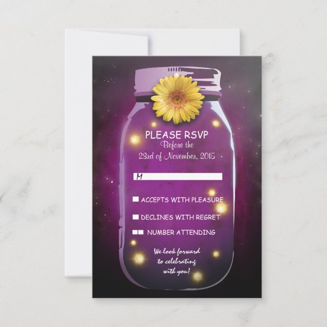 Fireflies & Mason Jar Whimsical Wedding RSVP Karte (Vorderseite)