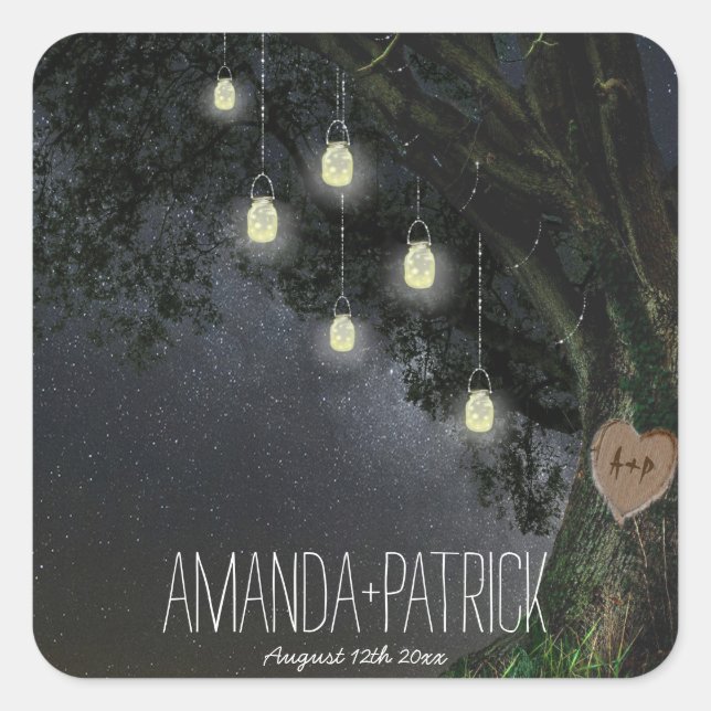 Firefly Mason Jar Oak Tree Gastgeschenke Hochzeite Quadratischer Aufkleber (Vorderseite)