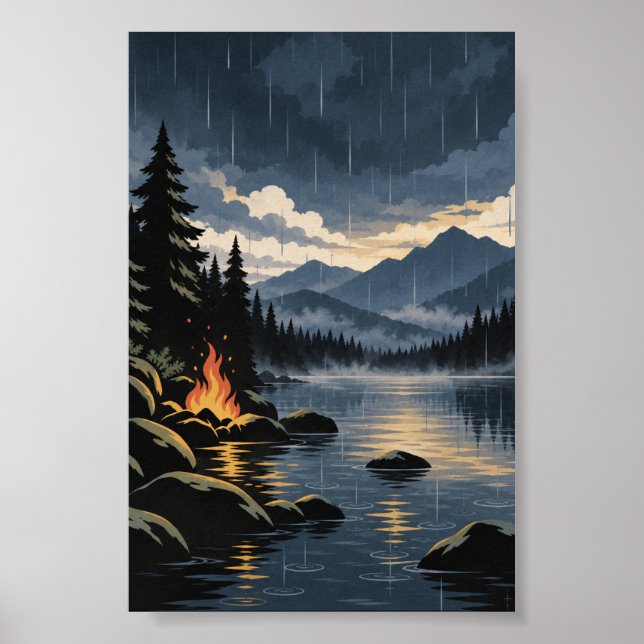 Firelight & Regen | Moderner Naturposter Poster (Vorne)