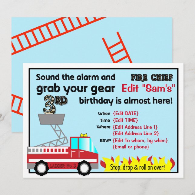 Fireman 3. Geburtstag Party Einladungen Feuerwehrm (Vorne/Hinten)