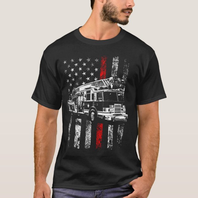 Fireman American Flag Thin Red Line Feuerwehrmann T-Shirt (Vorderseite)