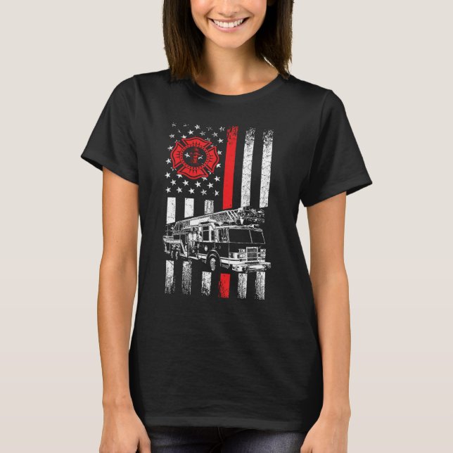 Fireman American Flag Thin Red Line Grafik Firef T-Shirt (Vorderseite)