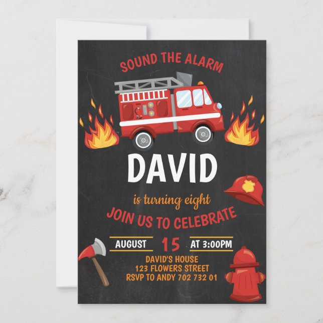 Fireman Boy Chalkboard Feuerzeug Geburtstag Einladung (Vorderseite)