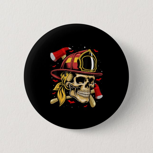 Fireman Skull Firefighter Skeleton Halloween Costu Button (Vorderseite)