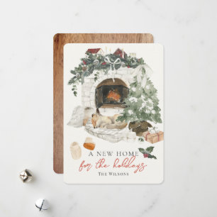 Fireplace Christmas Tree Fox Neues Zuhause-Foto Feiertagskarte