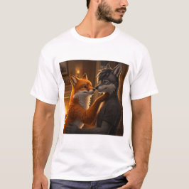 Fireside Tenderness: Ein Fuchs und Wolf Embrace T-Shirt