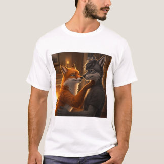 Fireside Tenderness: Ein Fuchs und Wolf Embrace T-Shirt