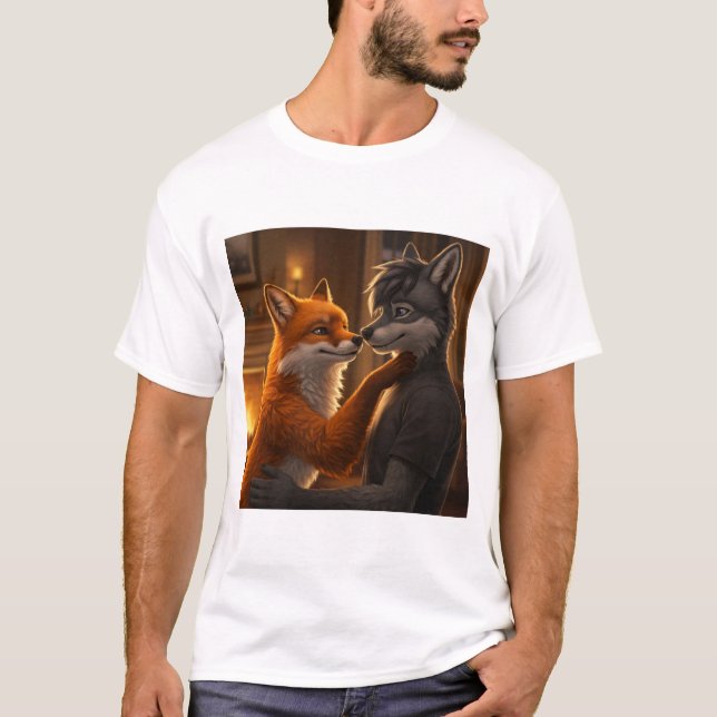Fireside Tenderness: Ein Fuchs und Wolf Embrace T-Shirt (Vorderseite)