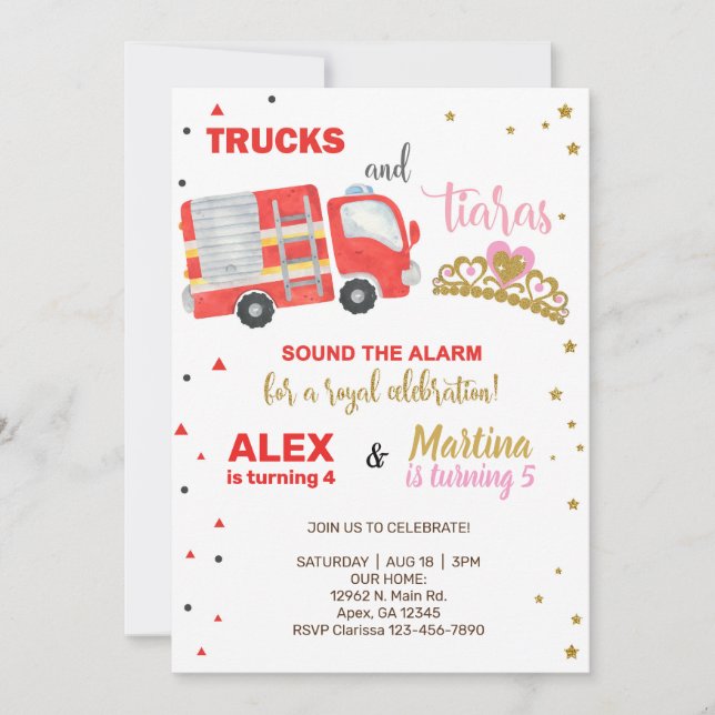 Firetruck and tiaras siblings birthday invite. einladung (Vorderseite)