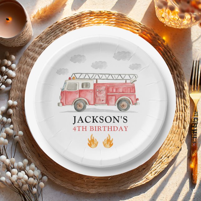 Firetruck Calling All Firefigthers Boy Birthday Pappteller (Von Creator hochgeladen)