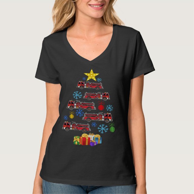 Firetruck Christmas Tree Xmas Firefighter Fireman  T-Shirt (Vorderseite)