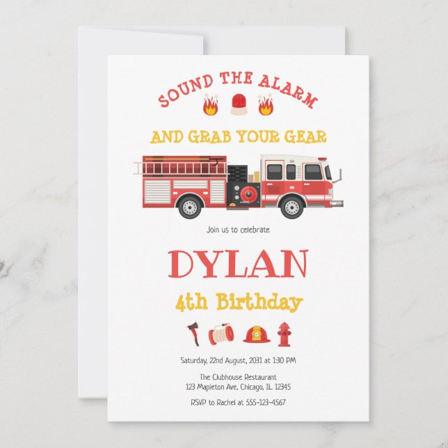 Firetruck Firefighter Kids Birthday Invitation Einladung (Vorderseite)
