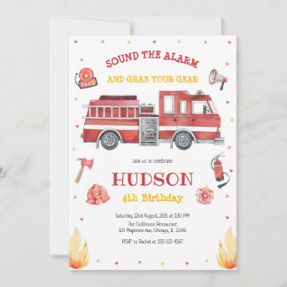 Firetruck Firefighter Kids Birthday Invitation Einladung