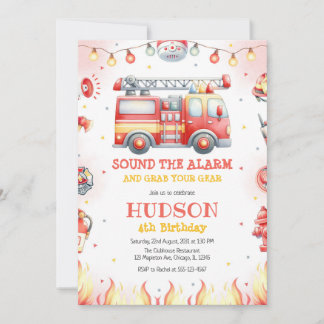 Firetruck Firefighter Kids Birthday Invitation Einladung