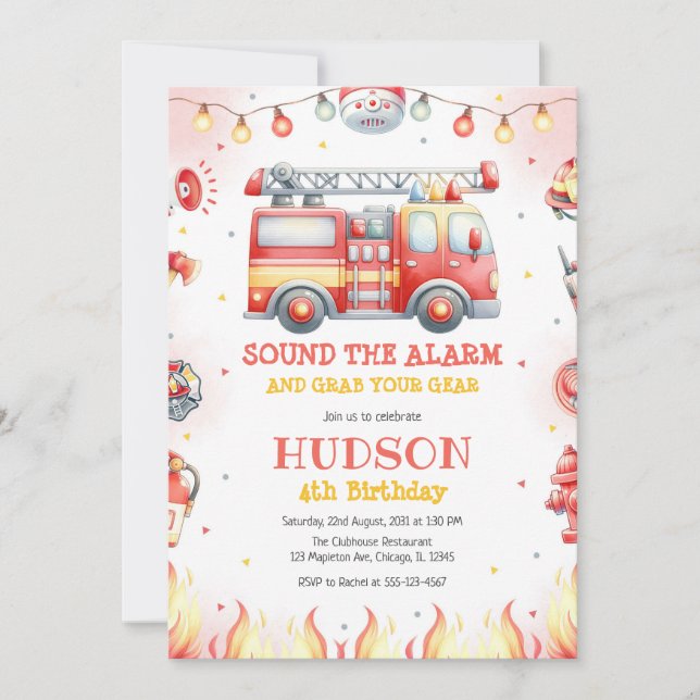 Firetruck Firefighter Kids Birthday Invitation Einladung (Vorderseite)