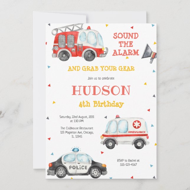 Firetruck Firefighter Kids Birthday Invitation Einladung (Vorderseite)