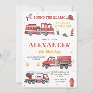 Firetruck Firefighter Kids Birthday Invitation Einladung