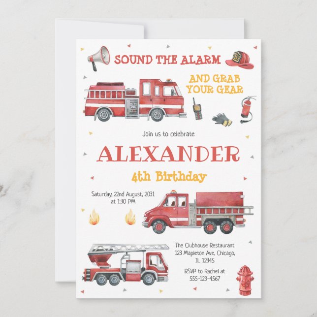 Firetruck Firefighter Kids Birthday Invitation Einladung (Vorderseite)
