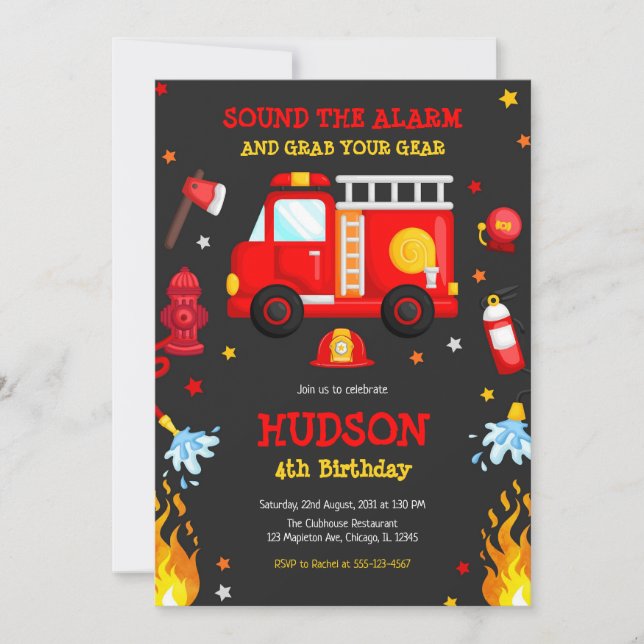 Firetruck Firefighter Kids Birthday Invitation Einladung (Vorderseite)