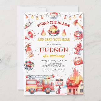Firetruck Firefighter Kids Birthday Invitation Einladung