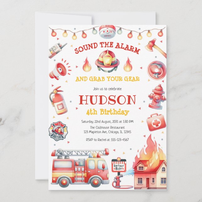 Firetruck Firefighter Kids Birthday Invitation Einladung (Vorderseite)