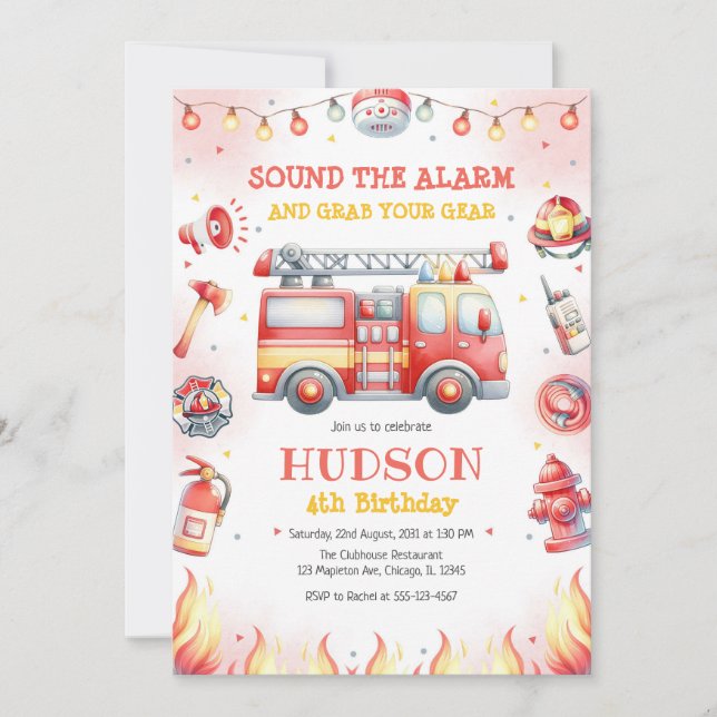 Firetruck Firefighter Kids Birthday Invitation Einladung (Vorderseite)