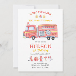 Firetruck Firefighter Kids Birthday Invitation Einladung