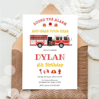 Firetruck Firefighter Kids Birthday Invitation Einladung