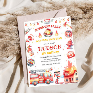 Firetruck Firefighter Kids Birthday Invitation Einladung