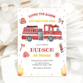 Firetruck Firefighter Kids Birthday Invitation Einladung