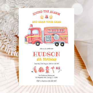Firetruck Firefighter Kids Birthday Invitation Einladung
