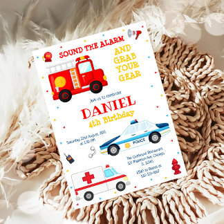 Firetruck Firefighter Kids Birthday Invitation Einladung