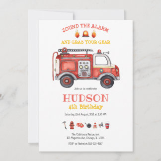 Firetruck Firefighter Kids Birthday Invitation Einladung