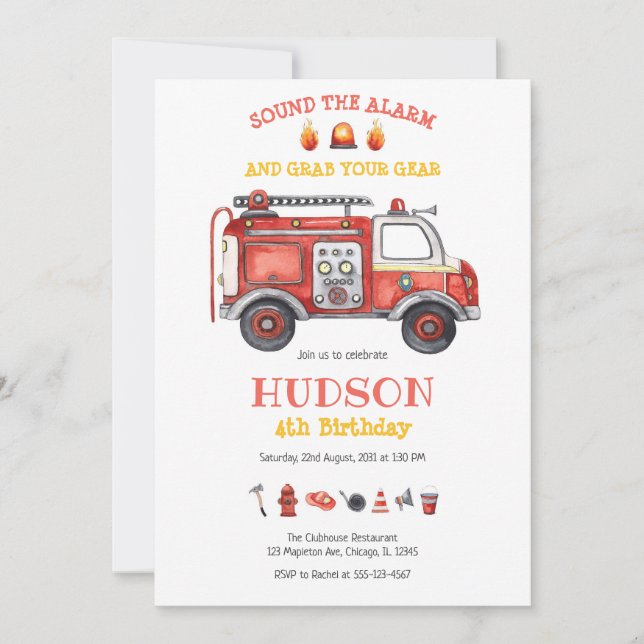Firetruck Firefighter Kids Birthday Invitation Einladung (Vorderseite)