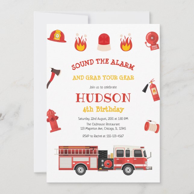 Firetruck Firefighter Kids Birthday Invitation Einladung (Vorderseite)