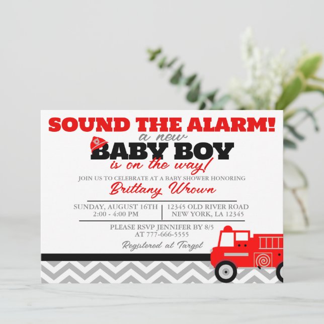Firetruck Sound the Alarm Baby Dusche Einladung (Stehend Vorderseite)