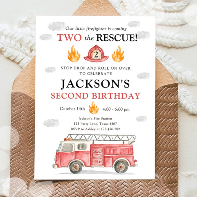 Firetruck Two the Rescue Boy Second Birthday Einladung (Von Creator hochgeladen)