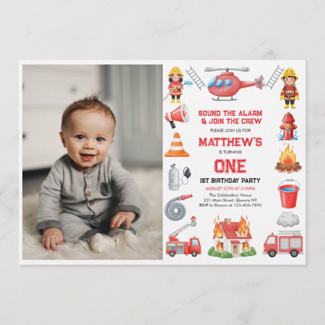 Firetrucks Boy 1st Birthday | Cute Little party In Einladung (Vorderseite)
