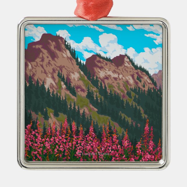 Fireweed mit GebirgsVintagem Reise-Plakat Silbernes Ornament (Vorne)