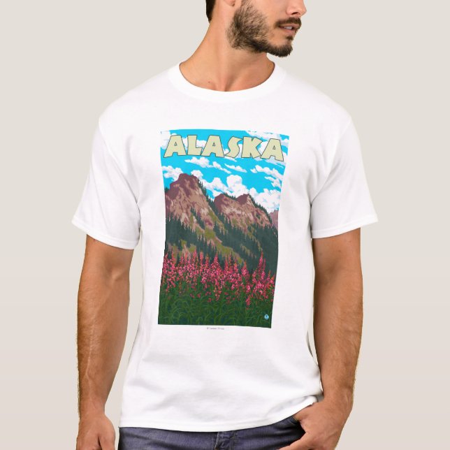 Fireweed mit GebirgsVintagem Reise-Plakat T-Shirt (Vorderseite)