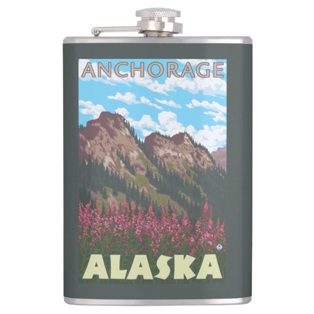 Fireweed u. Berge - Anchorage, Alaska Flachmann (Vorderseite)