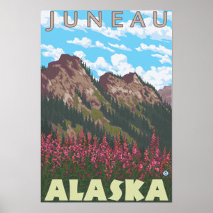 Fireweed u. Berge - Juneau, Alaska Poster