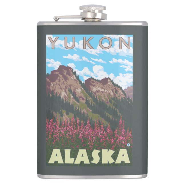 Fireweed u. Berge - Yukon, Alaska Flachmann (Vorderseite)