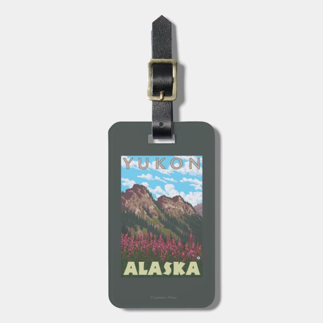 Fireweed u. Berge - Yukon, Alaska Gepäckanhänger (Vorderseite vertikal)