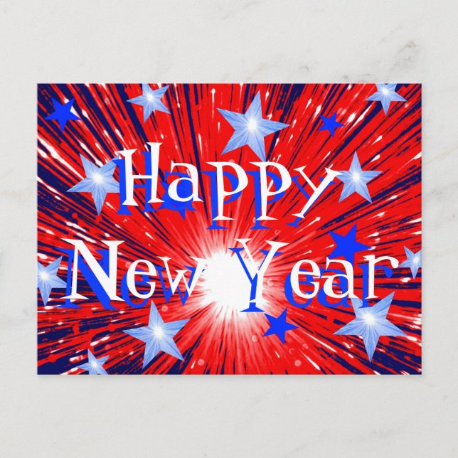 Firework Red White Blue Postkarte "Happy New Year" (Vorderseite)